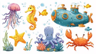 海底动物与潜水艇插画