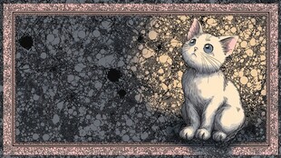 可爱白猫坐于复古花纹背景