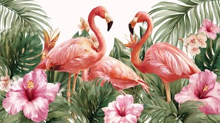 火烈鸟与热带花卉美景