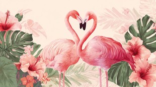 双火烈鸟与热带花卉美景