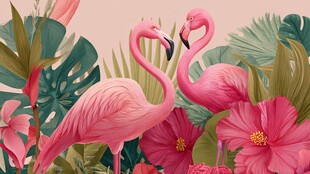 双火烈鸟栖于繁花绿叶间