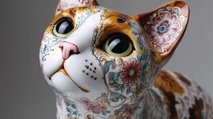 彩绘陶瓷猫摆件 精致可爱