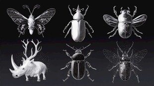 复古风昆虫与犀牛插画