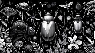 黑白昆虫花卉奇幻插画