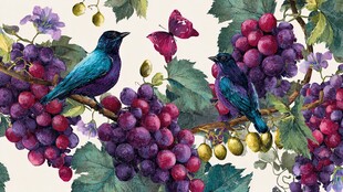 葡萄藤上的鸟儿与蝴蝶