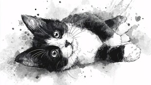 黑白萌猫躺卧水彩画