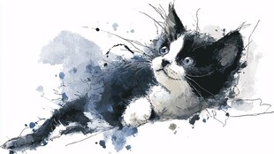 水彩风格黑白小猫俏皮模样