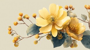 黄色花卉枝叶精美插画