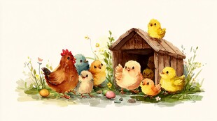 母鸡小鸡温馨的田园小窝