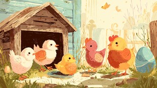 小鸡在木屋旁的温馨场景