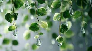 绿叶垂挂晶莹水珠