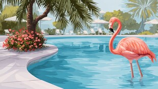火烈鸟立于泳池畔的美景