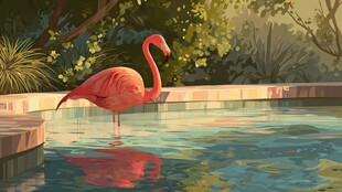 池边火烈鸟的静谧时刻