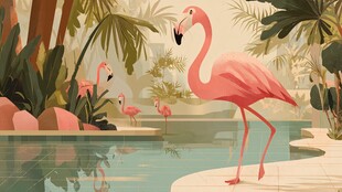 火烈鸟于热带景观中漫步