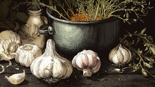 铜锅旁的大蒜与香草静物