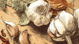 手绘大蒜及配料静物图