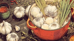 红锅中的大蒜与葱等食材