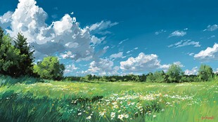 夏日绿野蓝天梦幻风光