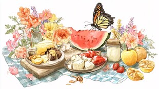夏日缤纷水果野餐插画