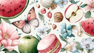 水果花卉蝴蝶水彩插画