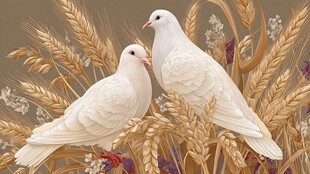 麦田间的白鸽依偎画面