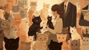 女孩置身猫咪群中的温馨场景