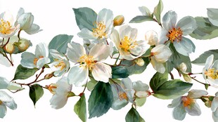 洁白茉莉花枝水彩插画