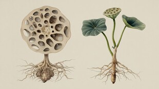 手绘莲藕与莲蓬植物图