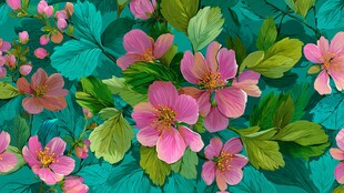 粉色花卉与绿叶的清新图案