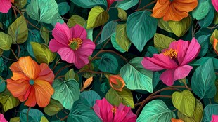 缤纷花卉绿叶无缝图案