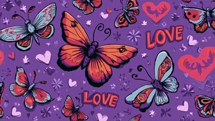 紫色背景上的蝴蝶与爱心图案