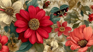 复古花卉图案中的艳丽花朵