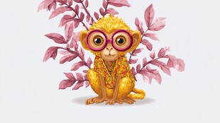 可爱小猴戴粉框眼镜插画