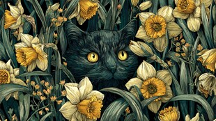 黑猫藏于水仙花丛中