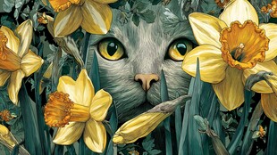 猫咪藏于黄水仙丛中