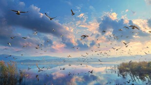 天空飞鸟与湖景梦幻画面