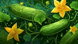 翠绿藤蔓上的黄瓜与黄花