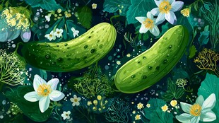 翠绿黄瓜置身繁花绿叶间