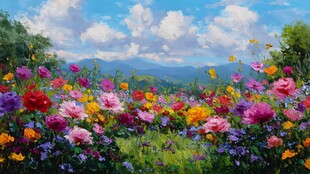 缤纷花海与远山蓝天美景