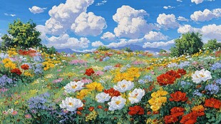 花海烂漫 蓝天白云下的美景