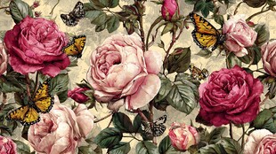 复古风玫瑰与蝴蝶花卉图