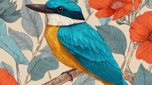 蓝羽翠鸟栖于繁花绿叶间