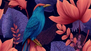 蓝鸟栖于多彩花叶间