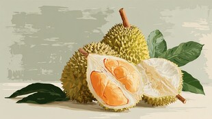 剥开的榴莲与绿叶静物画