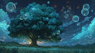 梦幻夜树下的泡泡奇景