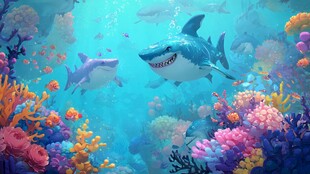 梦幻海底的鲨鱼与多彩珊瑚
