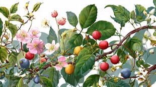 繁花硕果的缤纷植物枝桠