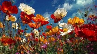 多彩虞美人绽放蓝天之下