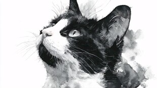 黑白水彩风猫咪抬头瞬间