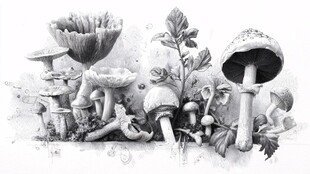 黑白手绘蘑菇植物组合图